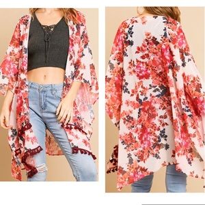 Floral Print Kimono with Tassel Trim